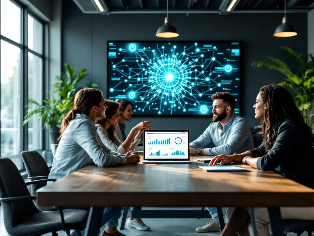 Un team di marketing eterogeneo discute le strategie in un ufficio moderno, con un computer portatile e un display digitale con i colori del marchio.