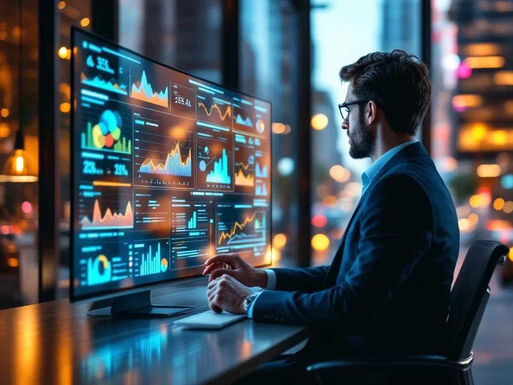 Profesional de los negocios analiza el panel de control de Google Ads en una oficina moderna, símbolo de la experiencia en EAE y la visión estratégica de G365 Marketing.