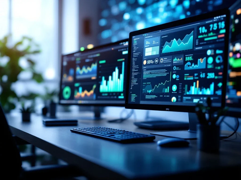 Een moderne werkplek met schermen die grafieken tonen, symboliserend Google Tag Manager's impact op digitale marketing en connectiviteit.