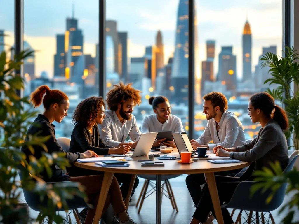 A diverse group of marketers confer around a table in a modern office overlooking a city, in an atmosphere of creativity and growth.