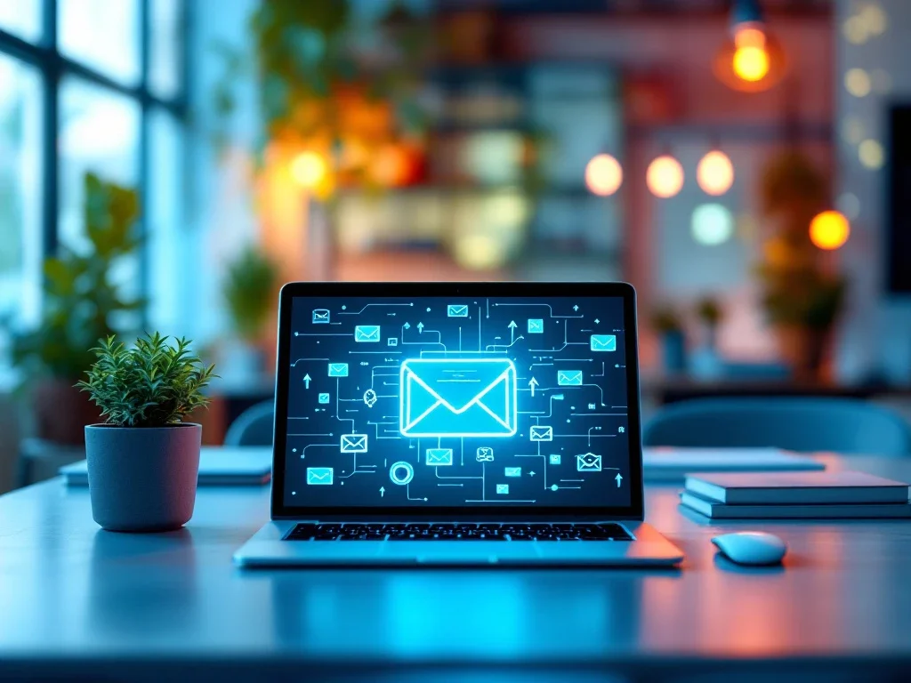 Una oficina moderna con un ordenador portátil que muestra una interfaz de correo electrónico, rodeada de una planta y flechas, simboliza el crecimiento y la innovación.
