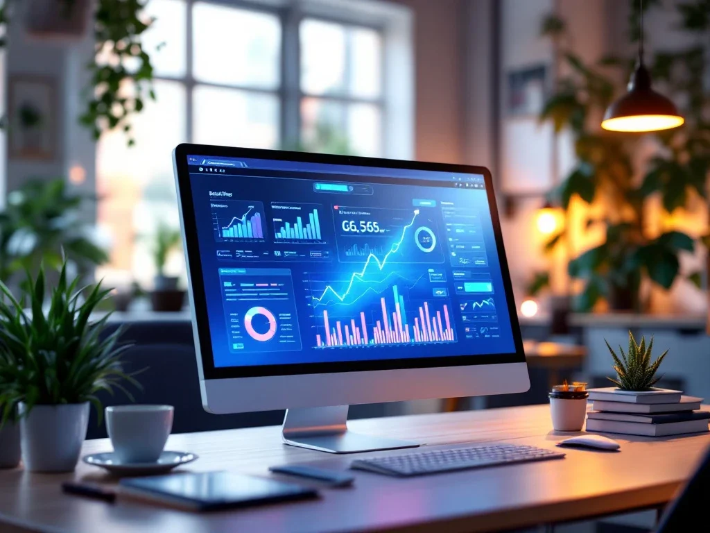 Una oficina moderna con un ordenador que muestra gráficos digitales, rodeado de elementos que representan el crecimiento y la creatividad de G365 Marketing.