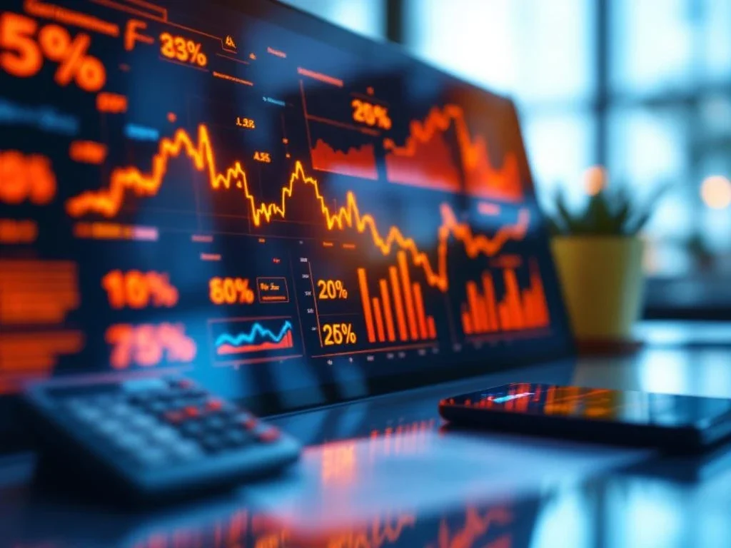 Il cruscotto digitale mostra grafici decrescenti della fidelizzazione dei clienti con elementi dati arancioni e rossi su sfondo blu scuro