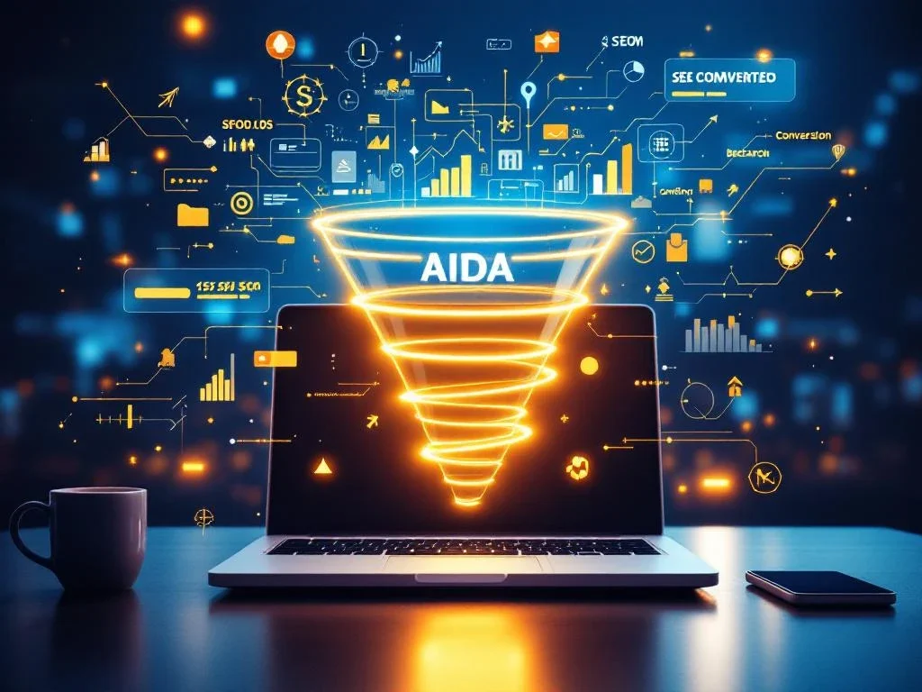 AIDA funnel diagram above laptop with SEO elements such as keywords and ranking arrows in professional workspace