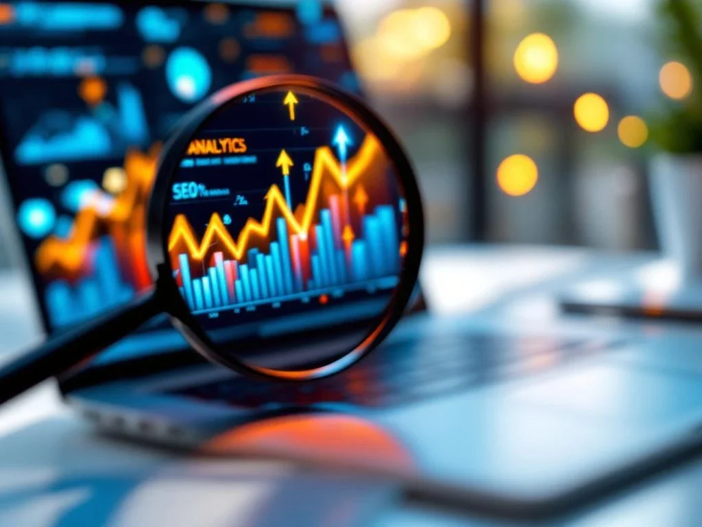 Ordinateur portable affichant des graphiques SEO colorés avec des lignes de tendance ascendantes, loupe sur les métriques de performance sur le bureau
