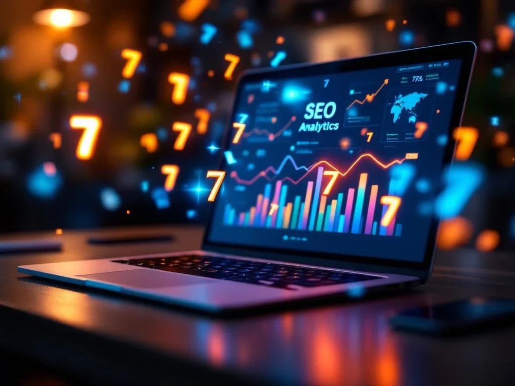 Laptop zeigt bunte SEO-Analysediagramme mit holografischen Symbolen der Zahl 7 auf einem dunklen Holztisch