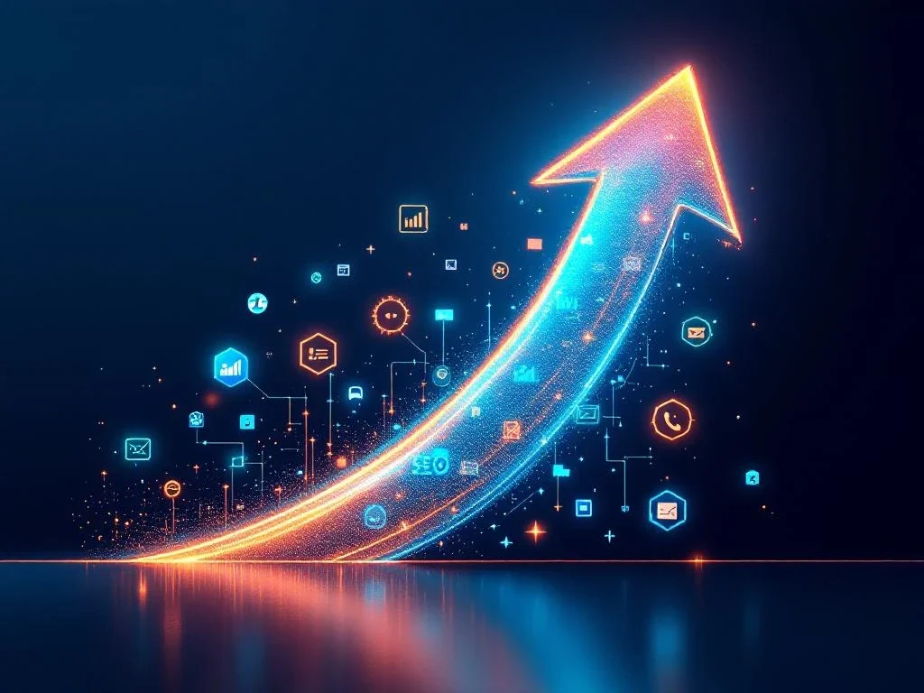 Glowing arrow of SEO elements rising from website base with analytical charts and subscription icons