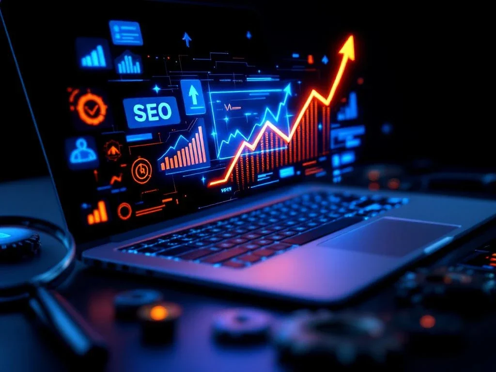 Clavier d'ordinateur portable avec icônes SEO lumineuses et graphiques d'analyse holographiques montrant des tendances à la hausse