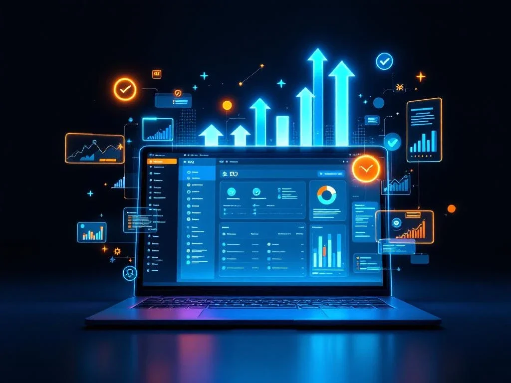 WordPress-Dashboard auf Computer mit SEO-Optimierungs-Elementen, steigenden Pfeilen und Diagrammen in Blau und Orange